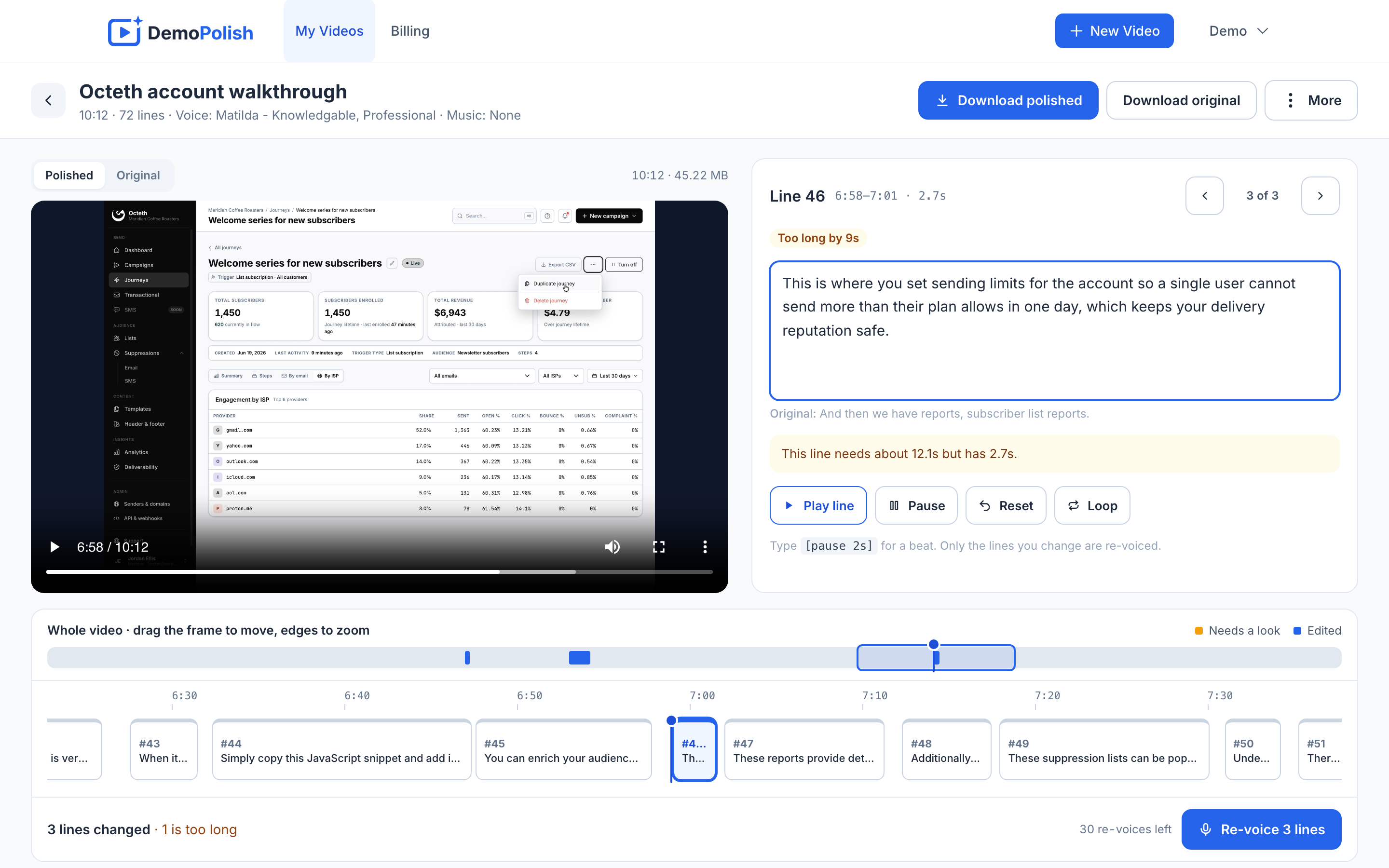The DemoPolish editor while fixing a line: the polished video player on the left, the selected line's edited text with its original wording and Play line, Reset and Loop buttons on the right, and a Re-voice 3 lines button under the timeline.